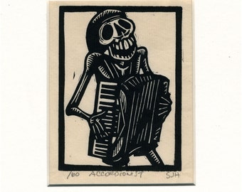 Skeleton Calavera Accordionist original linocut