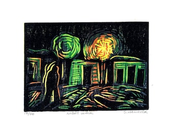 Night Walk Original Woodcut
