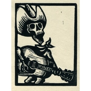 Skeleton Calavera Guitarist original linocut
