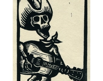 Skeleton Calavera Guitarist original linocut