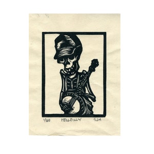 Skeleton Calavera  Bluegrass Banjo Picker &quot;Hellbilly&quot; original linocut.