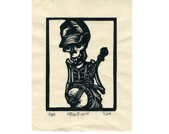 Skeleton Calavera  Bluegrass Banjo Picker "Hellbilly" original linocut.