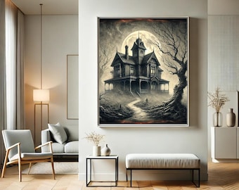 Spooky Victorian house, twisted trees, foggy moonlit scene—perfect for chilling Halloween decor. Download now for haunting elegance!