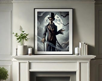 Victorian skeleton gentleman in a foggy, gothic scene—perfect for Halloween decor or dark academia aesthetic. Instant digital download!