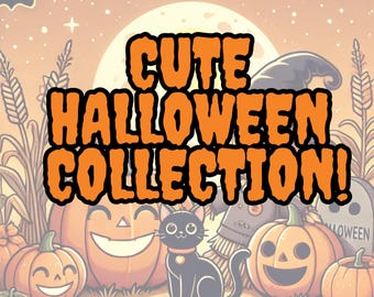 Adorable kawaii style Halloween art with cute cats, pumpkins, ghosts, and haunted houses—perfect for decor, cards, and festive fun!