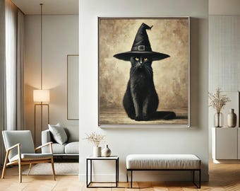 Black cat in a witch’s hat, piercing yellow eyes, rustic charm—perfect for a spooky, elegant Halloween vibe. Download now!