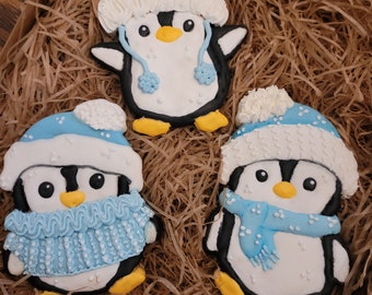 Christmas Cookie Gifts, Holiday Cookie Gifts, Artisan Iced Cookie Gifts, Penguin Cookies