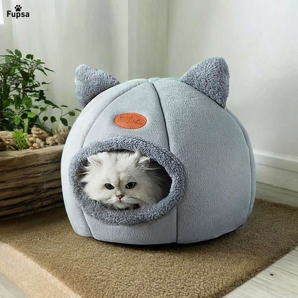 Cat Beds for Indoor Cats - Plush Non-Slip Gray Cat Nest, Cozy Pet House Tent - Cozy Calming Cat Cave - Fluffy Pet Bed - Non-Slip Design