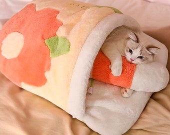 Cozy Japanese Sakura Cat Bed Deep Sleep Nest Pillow - Warm Dog House Sleeping Bag Pet Products - Cozy Removable Bed for Cats - Pet Bed