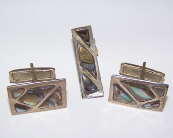 VINTAGE Signed Sterling Cuff Links And Tie Clip With MOP/Abalone Inlay Margarita Vera Lagunas