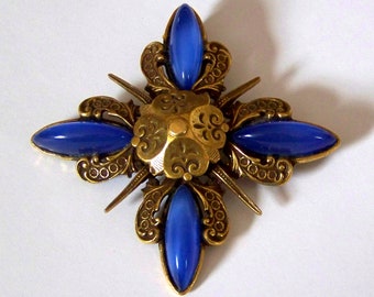 VINTAGE Large Brooch-Pendant Accessocraft NYC, Maltese Cross 1960’s Blue Brass Mid- Century