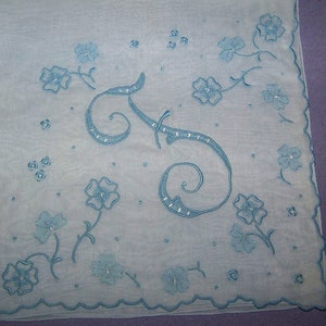 Beautiful Vintage Monogrammed "F"  Madeira Hanky Handkerchief NOS W/Tags Blue Flowers 16" Sq.