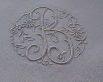 Classic Vintage Madeira  Hanky/Handkerchief 14" sq Wonderful Hand Embroidery All White Monogram "B" Wedding