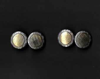 VINTAGE Gold Filled Engine Turned Cuff Links Geometric Design Silver Rim