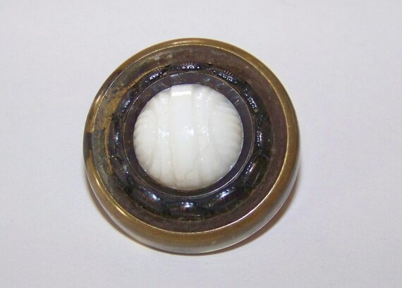 Milk White Black Glass intermixed Mounted In Metal Antique Cross Button Old Drum Dome Shape