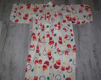 May include: A white cotton yukata with a red, yellow, and green pattern of stylized birds and circles. The yukata has a traditional Japanese design.