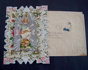 Antique VINTAGE Large Die Cut VALENTINE Embossed & Matching Envelope    1896