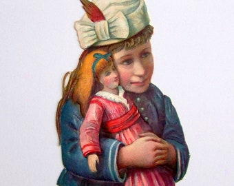 Vintage Embossed Die-Cut Charming Girl With Doll Victorian Scrap