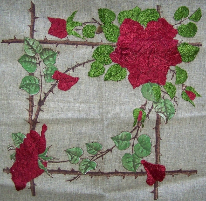 Victorian Pillow Top Intense Silk Embroidered Roses PROJECT