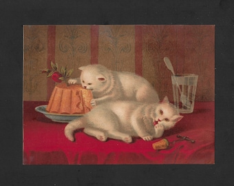 Antique Vintage Print Charming 2 White Cats Eating Off Table