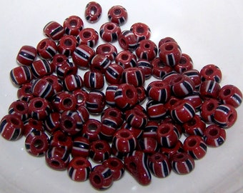 VINTAGE Glass  Brick Red, White & Black Striped Small Ghana Glass Beads