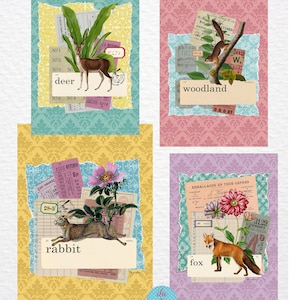 Forest Animal Collage Postcard Set for Friend Pen Pal, Whimsical Woodland Animal Postcards for Snail Mail, Squirrel, Fox, Deer, Stag, Pretty
