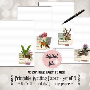 Animal Printable Writing Paper, Forest Animal Printable Stationery, Woodland Theme Digital Writing Paper w fox, deer, rabbit & squirrel