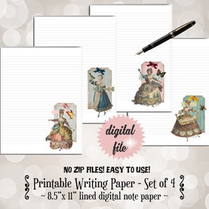 Pretty Printable Letter Writing Stationery for Snail Mail, Victorian Ladies Printable Writing Paper for Pen Pal, Stationery Set