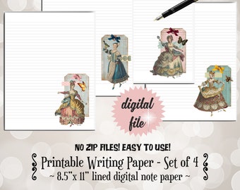Hübsches druckbares Briefpapier für Schneckenpost, viktorianisches Damen druckbares Schreibpapier für Pen Pal, digitales Gefütterte Schreibpapier