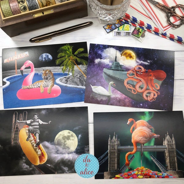 Funny Animal Postcard Set for Snail Mail and Pen Pal, Space Collage Art, Unique and Whimsical Postcard Set of Four, Artsy Postcard 5x7