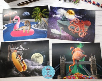 Funny Animal Postcard Set for Snail Mail and Pen Pal, Space Collage Art, Unique and Whimsical Postcard Set of Four, Artsy Postcard 5x7