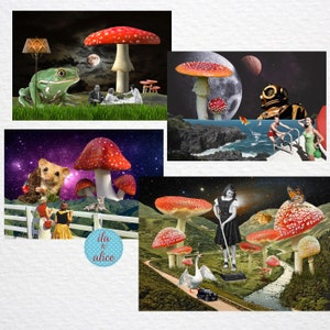 Mushroom Postcard Set, Funny Postcards, Funny Animal Postcards, Unique Collage Art, Mixed Media Postcard Pack, Sci-Fi Space Theme, Full Moon