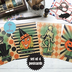 Cartes postales effrayantes d'Halloween, lot de cartes postales d'Halloween squelette, chat noir, sorcière Jack O'Lantern pour courrier postal, Halloween classique noir orange