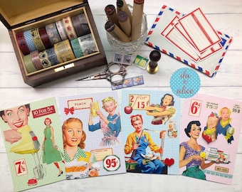 Retro Housewife Postcard Set, Retro Women Postcard, Vintage Women Postcard, Vintage Ladies, Retro Funny, Old Fashion, 1950s Fashion,