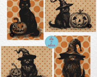 Black Cat Halloween Postcards, Orange Black Postcards, Classic Halloween Postcards for Snail Mail, Pumpkins, Jack O'lantern, Cute Halloween