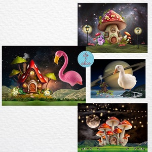 Ensemble de cartes postales drôles de champignons, cartes postales sur le thème de la galaxie avec champignons, flamant rose, canard blanc et Saturne, collage artistique unique, thème de l'espace, lune