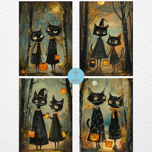Lot de cartes postales d'Halloween chat noir, deux mignons chats noirs des bonbons ou un sort pour Halloween, cartes de style rétro pour courrier postal et correspondants