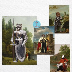 Cartes postales drôles de chien, jeu de cartes postales drôles d'animal, chevalier médiéval, roi, guerrier, chien brun d'arrêt, lion, raton laveur, berger, cadeau d'amant de chien