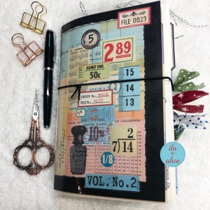 Handmade Junk Journal with a Mixture of Numbers, Ledger Paper, Graph Paper and Journal Ephemera, Journal w Vintage Number Labels & Tags