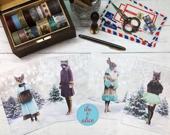 Cute Winter Postcard Set for Friends, Funny Collage Art Postcards, Winter Woodland Postcards w Raccoon, Cat, Squirrel & Rabbit, Weird Winter