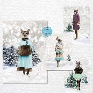 Joli jeu de cartes postales d'hiver pour amis, cartes postales artistiques collage drôle, cartes postales hivernales de forêt avec raton laveur, chat, écureuil et lapin, hiver étrange