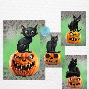 Jeu de cartes postales d'Halloween effrayant chat noir, effrayant Jack O'lantern, cartes postales orange et noir, chats noirs avec citrouilles effrayantes, cadeau d'Halloween