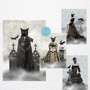 Carte postale d'Halloween chat noir, lot de cartes postales étranges pour courrier postal, carte effrayante pour correspondant, scène de cimetière, cimetière, femme vintage Halloween