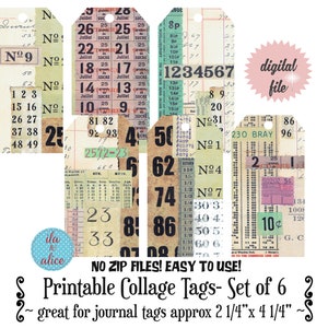 Printable Journal Tags with Numbers, Set of 6 Digital Collage Tags w Numbers for Junk Journals, Scrapbooks or Art Journals, Instant Download