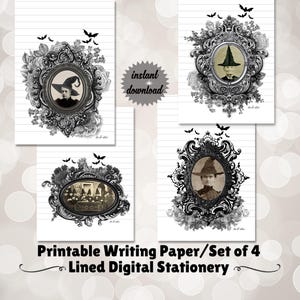 Puede incluir: Juego de cuatro hojas de papel de escritura imprimibles con un tema vintage de Halloween. Cada hoja presenta un retrato enmarcado de una persona con un sombrero de bruja, rodeado de motivos florales y de murciélagos. También está presente el texto "descarga instantánea".