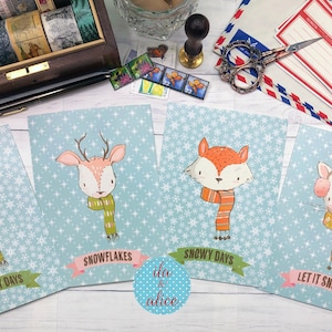 Jolies cartes postales d'hiver avec des animaux de la forêt, lot de cartes postales d'hiver, animal de la forêt enneigé pour correspondant courrier postal, cerf, renard, chaton, lapin