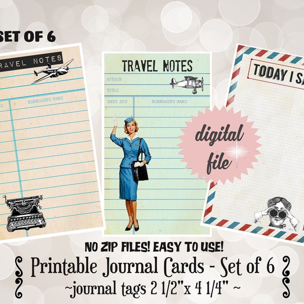 Printable Vintage Travel Journal Cards, Printable Junk Journal Card, Retro Flight Attendant Stewardess, Airmail, Journey, Adventure and Fun
