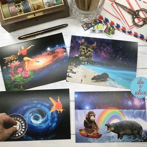Jeu de cartes postales, cartes postales amusantes, cartes postales drôles d'animaux, collage, cartes postales artistiques, collage artistique, poisson, chat, lot de cartes postales, espace