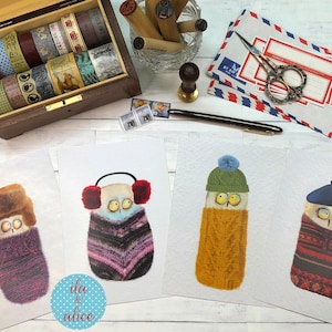 Funny Owl Postcards for Snail Mail and Postcrossing, Cute Winter Postcard Set for Friends and Pen Pal, Postcard Set of Four, Whimsical