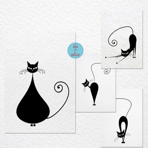 Jeu de cartes postales chat noir, courrier postal, chats rigolos pour correspondants, illustration de chat noir, chat noir stylisé